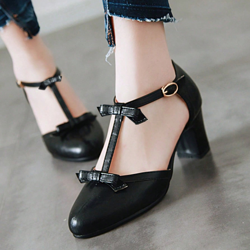 Black Closed Toe Chunky Heel T-Strap Pumps with Bow Nicepairs