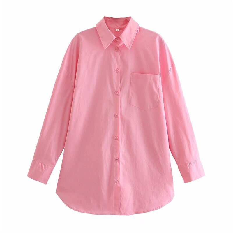 PUWD Casual Woman Pink Loose Pocket Cotton Shirt 2021 Spring Sweet Female Soft Oversized Shirts Ladies Basic Solid Tops