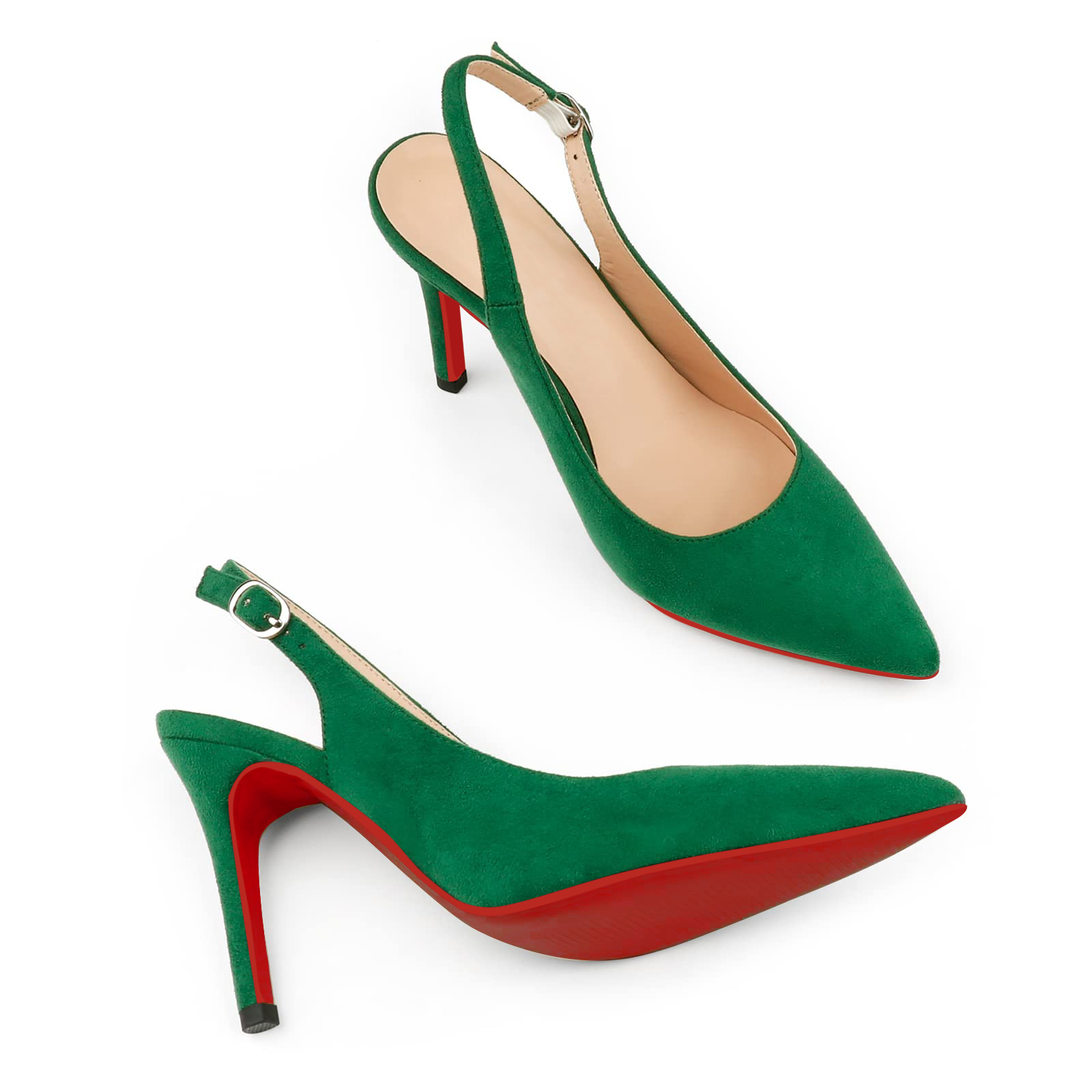 90mm Mid Heels for Women Slingback Pumps Sandals Pointed Toe Pumps Red Bottoms Suede Shoes-MERUMOTE