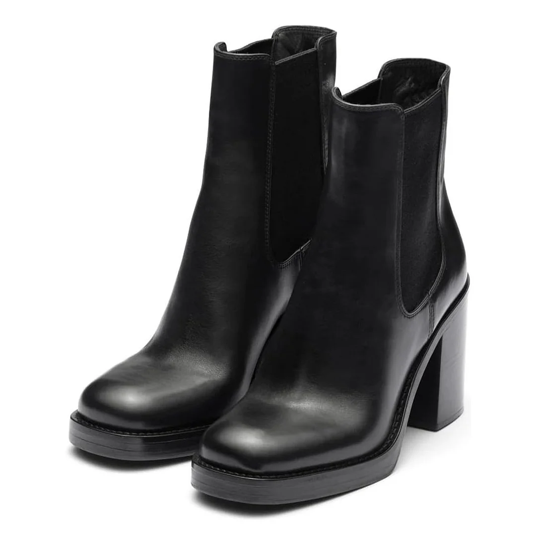 Black Vegan Leather Chunky Heel Pull-On Chelsea Ankle Boots for Women