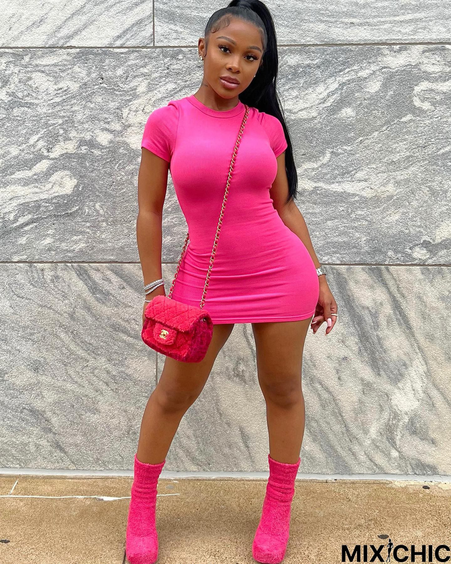 Sexy Tight Solid Color Package Hip Mini Dress