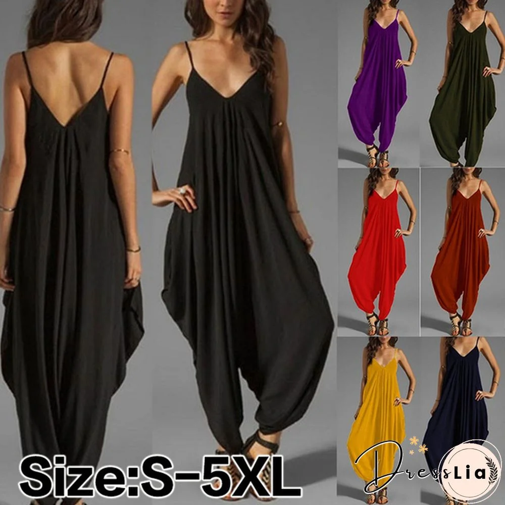 7 Colors Women Summer Casual Sleeveless Deep V-Neck Jumpsuits Solid Color Loose Backless Spaghetti Strap Rompers Overalls Plus Size S-5XL