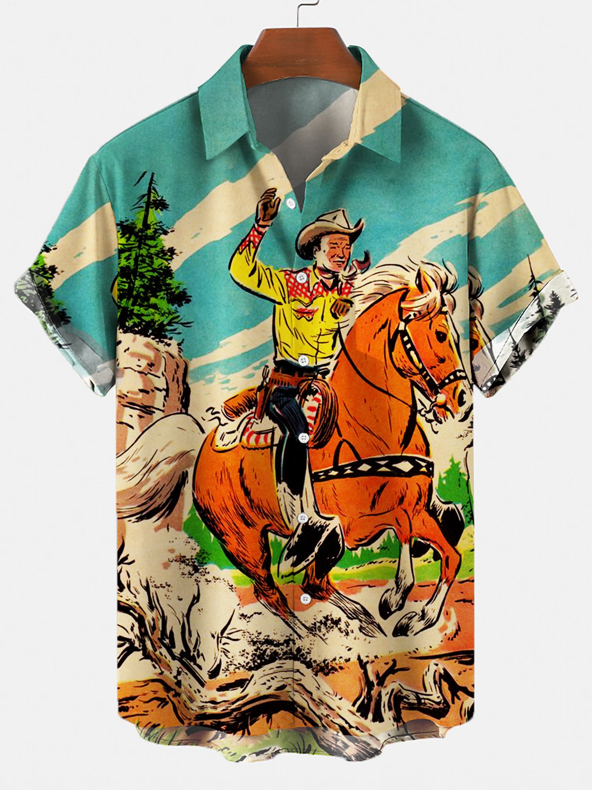 Men's Large Size Simple Casual Retro Western Cowboy Poster Contrasting Color Shirt With Pockets PLUSCLOTHESMAN