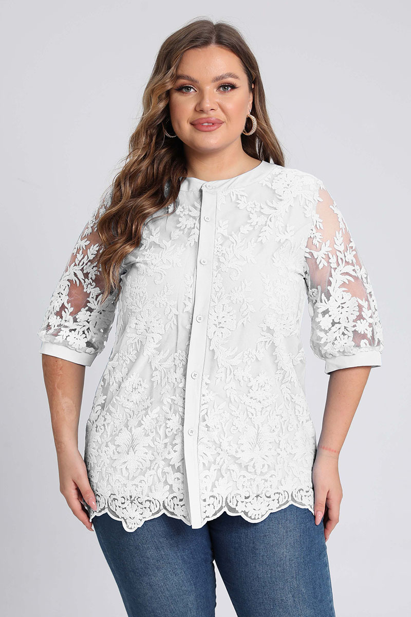 Plus Size Button Up Mesh Sleeve Embroidered Blouse 2024 - Flycurvy 