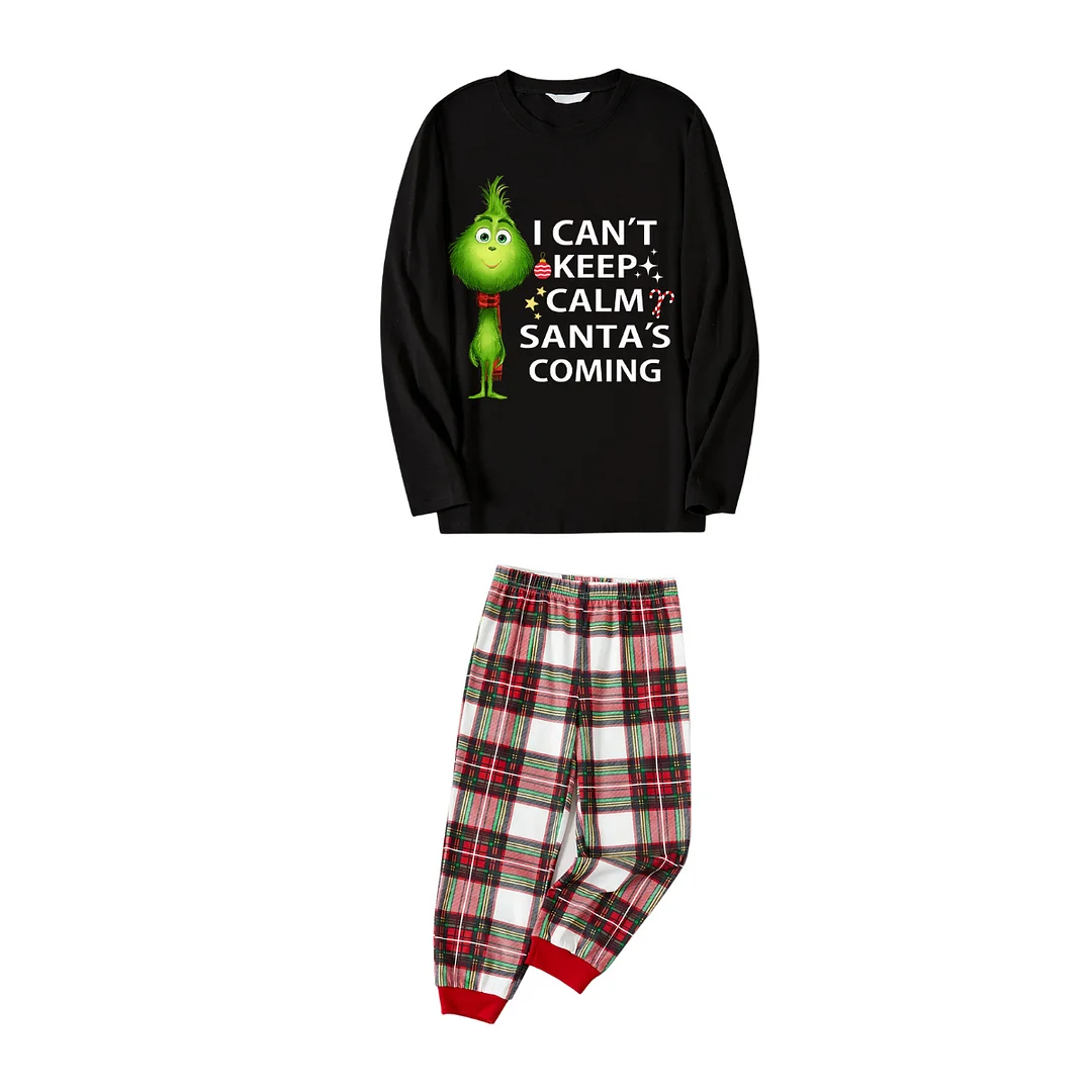 "I Can't Keep Calm, Santa's Coming" Slogan Printed Red and White Plaid Matching Pajamas
