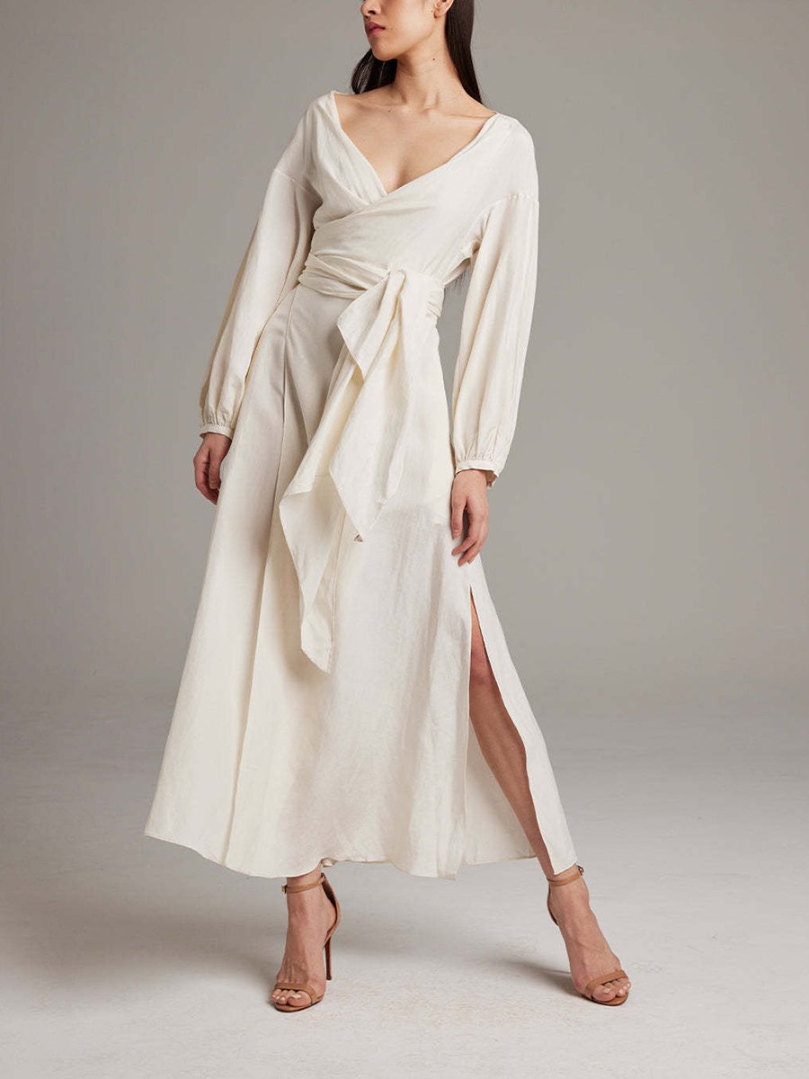 V Neck Long Sleeve Belted Split Hem Midi Dress
