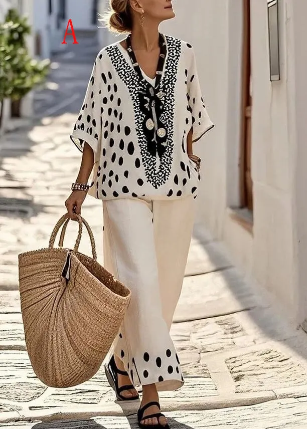 Women Casual V Neck Print Cotton 2 Piece Outfit Summer