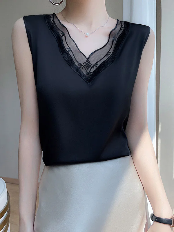Solid Color Split-Joint Loose Sleeveless V-Neck Vest Top