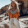  Bohemian Embroidered Orange Top with Flared Sleeves by Inlyline