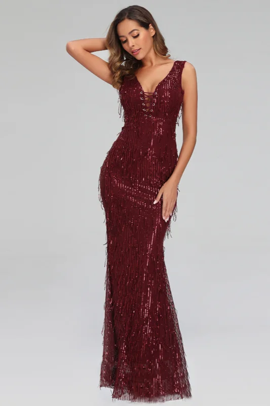 burgundy sleeveless mermaid sequins prom dress