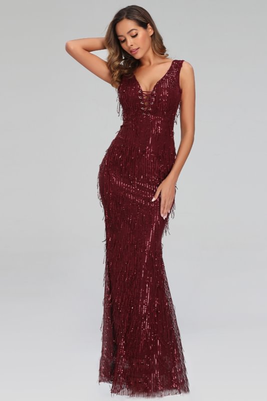 Chic V-Neck Sleevelss Mermaid Prom Dress Sequins Long Evening Gowns - lulusllly