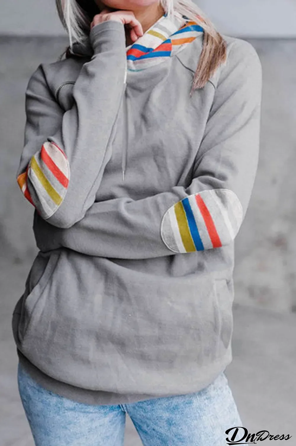 Rainbow Color Stripe Print Elbow Patch Hoodie