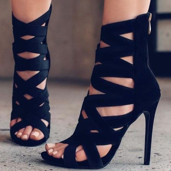 Women's Black Open Toe  Hollow Out Stiletto Heel  Strappy Sandals |FSJ Shoes