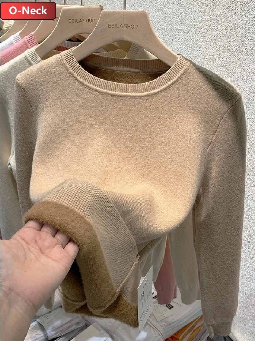 Uveng Warm Sweater Pullover Women Slim Thicken Plush Velvet Lined Knitwear Jumper Korean Half Turtleneck Poleras Soft Knit Tops