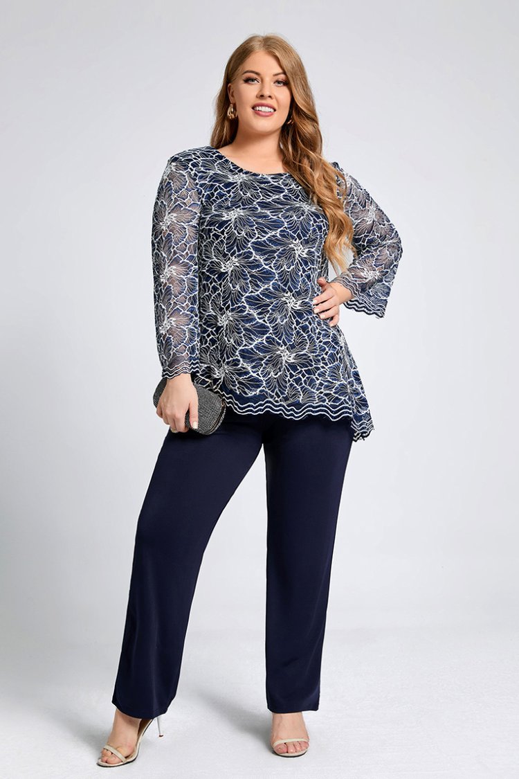 Flycurvy Plus Size Casual Navy Blue Embroidery Asymmetric Hem 3/4 Sleeve Two Pieces Pant Suits