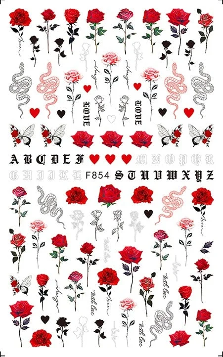 Purple Red Pink Rose Flower 3D Nail Sticker Leaves Love Heart Self-Adhesive Slider Art Decorations Decals Manicure Accessories-Nail Inspo