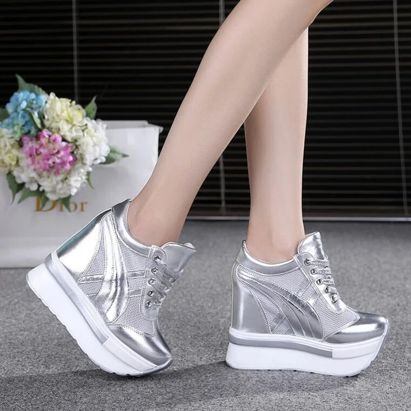 NEW Brand Women Mesh Platform Sneakers Trainers White Shoes 10CM High Heels Wedges Outdoor Shoes Breathable Casual Shoes Woman