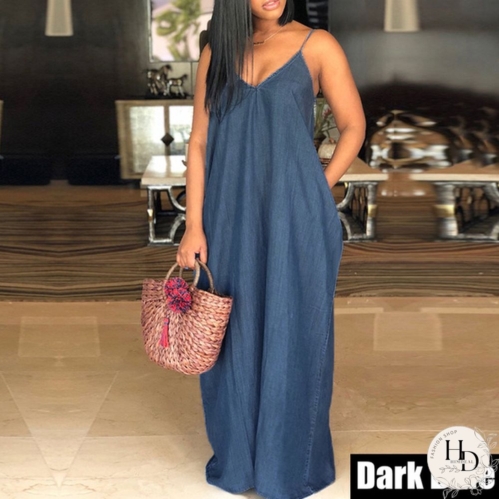 S-5XL Women Sexy Sleeveless Spaghetti Straps Denim Color Maxi Dress Summer Holiday Beach Sundress