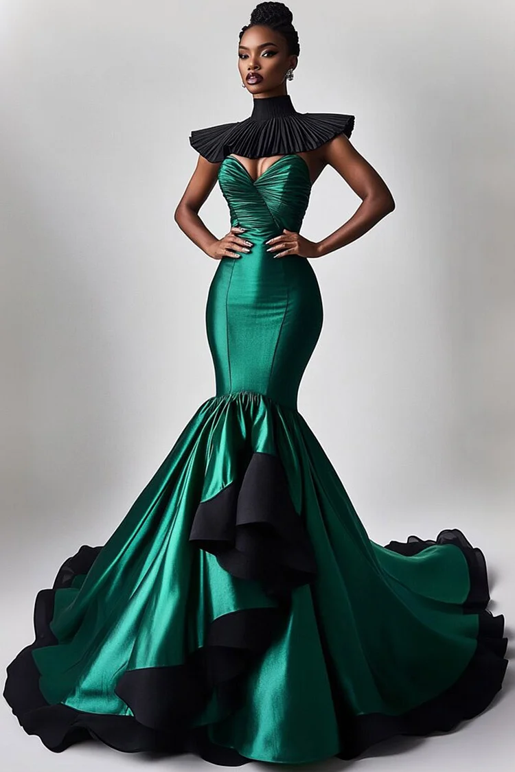 High Neck Asymmetrical Hem Fishtail Satin Maxi Dress-Dark Green [Custom-Made]