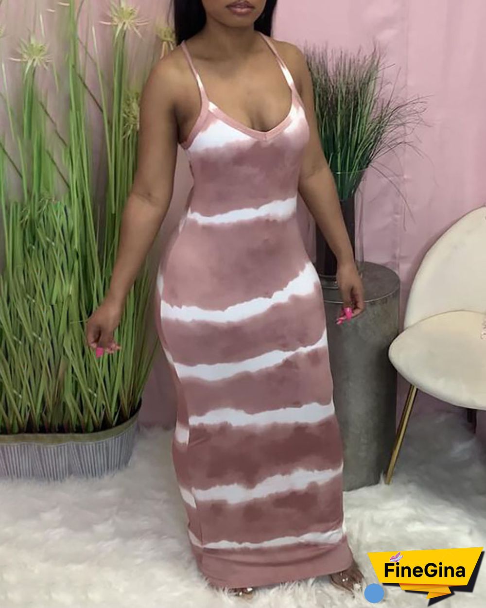 Tie Dye Print V-Neck Thin Strap Maxi Dress