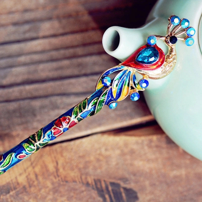 Supply Vintage Headdress Peacock Crystal Cloisonne Hairpin Chinese Style Hanfu Updo Accessories Raccoon Hair Accessories