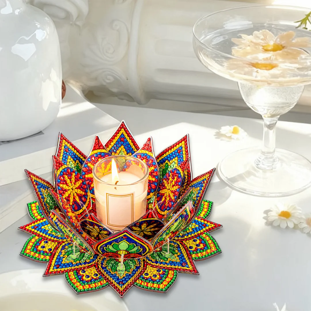 5D DIY Diamond Art Painting DIY Acrylic Desktop Ornament Flower Candle Holders Tealight Handmade Home Office Decor for Adults Beginners ( Yellow and Green Lotus-A)