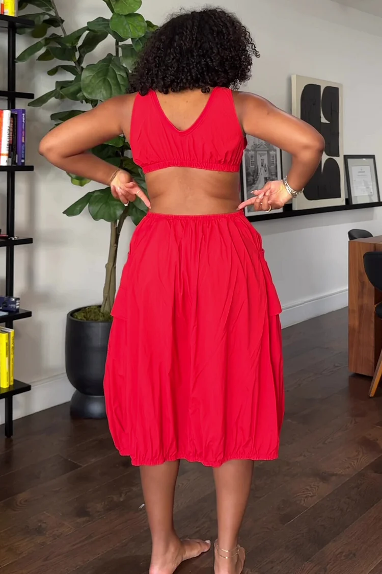 Notched Neck Cutout Pocket Waist Sleeveless Midi Bell Dresses-Red