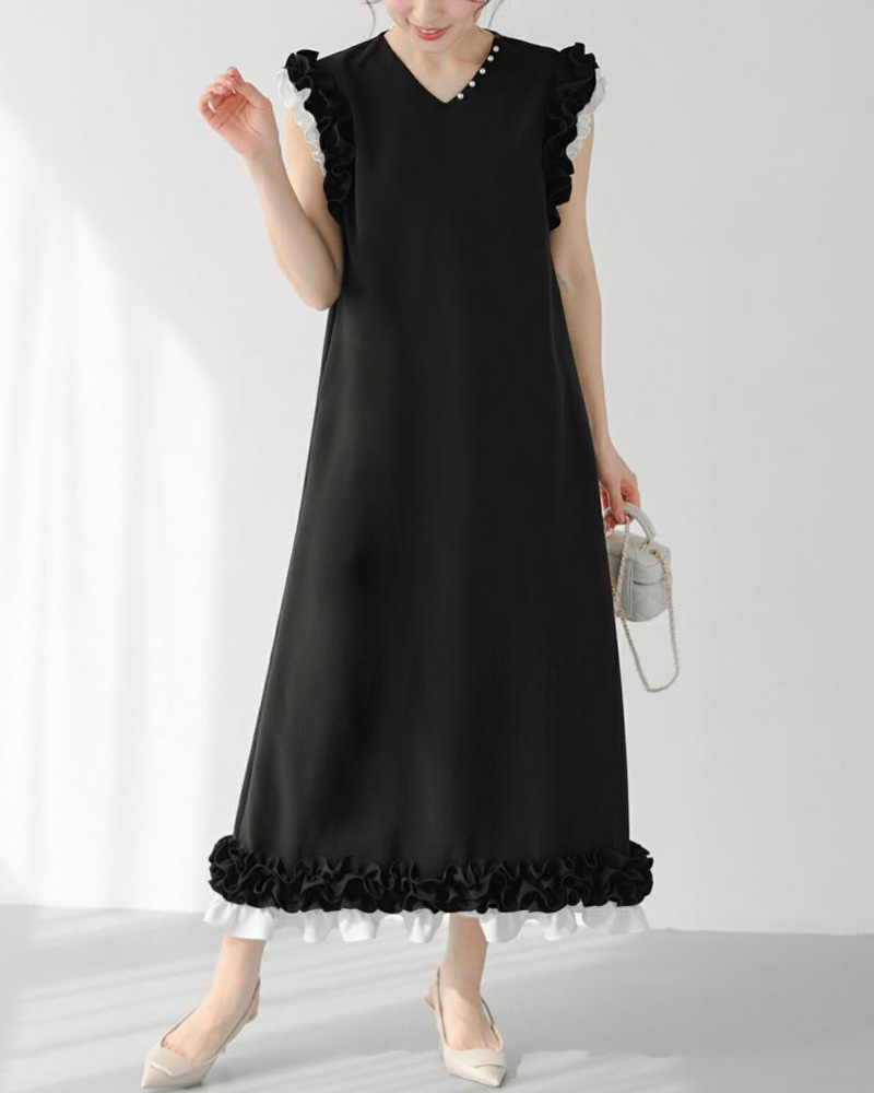 Contrast Ruffled Trim Sleeveless V Neck Midi Dress