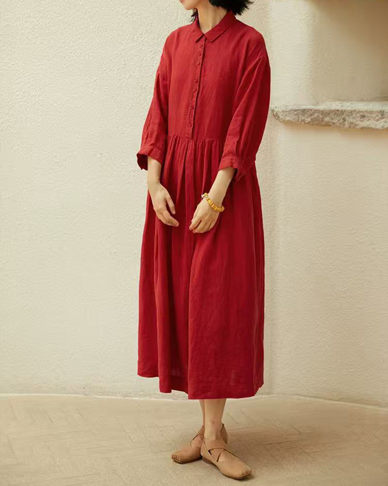 Tie Up Belt Three Quarter Sleeve Shirt Collar Midi Dress