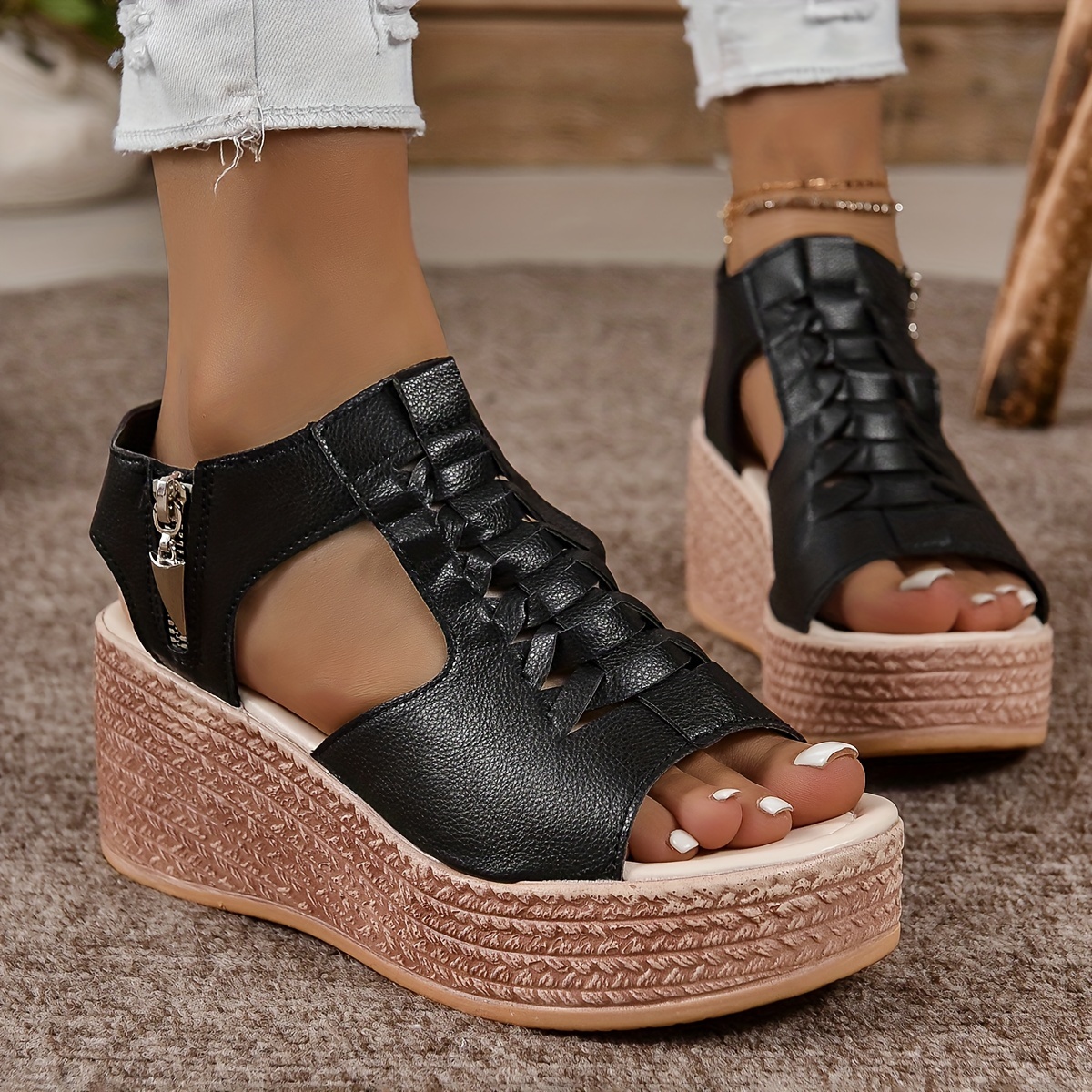 Women's Cutout Design Wedge Sandals, Casual Side Zipper Platform Sandals, Comfortable Summer Shoes