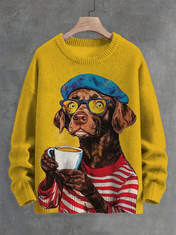 Men's Dog Drinking Coffee Print Knit Sweatshirt