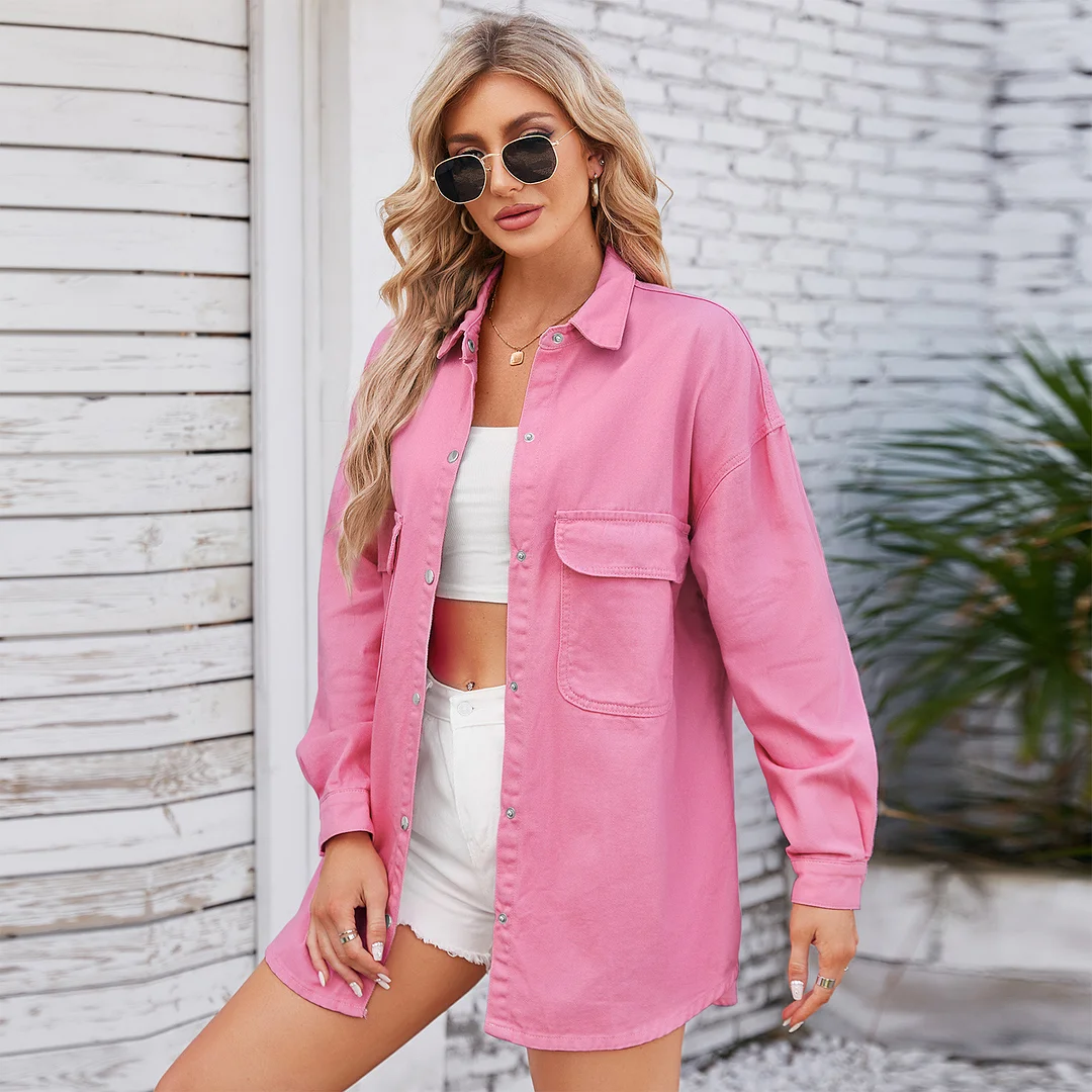 Women's Loose Long Sleeved Denim Shirt Jacket with Pocket
