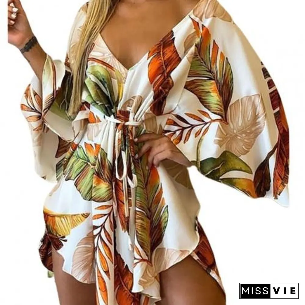 V-Neck Leaf Print Party Women Elegant Lace-Up Waist Casual Irregular Beach dress sexy