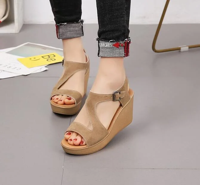 2020 Women Ladies Women Fish Mouth Non-slip Platform Slope High Heels Sandals Buckle Strap Sandals Outdoor Style for Women