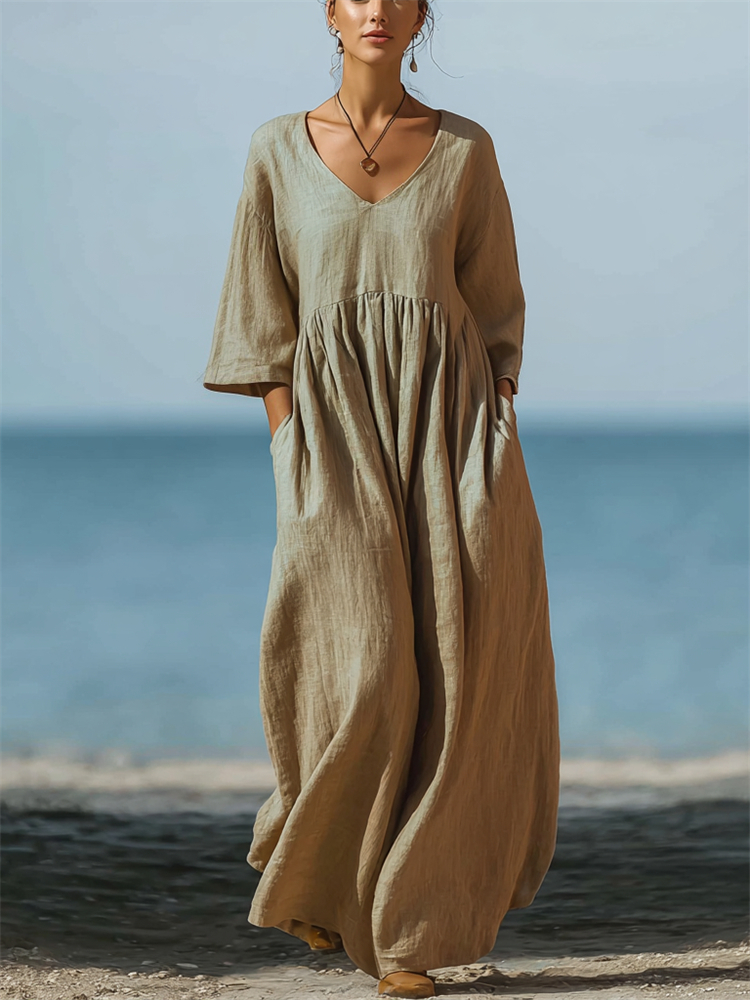 Comstylish Vintage Pleated Flowy Linen Maxi Dress