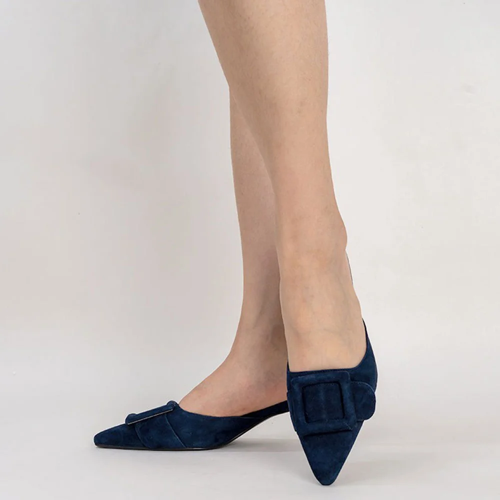 Simple Navy Pointed Toe Buckle Decor Kitten Heel Mules for Women