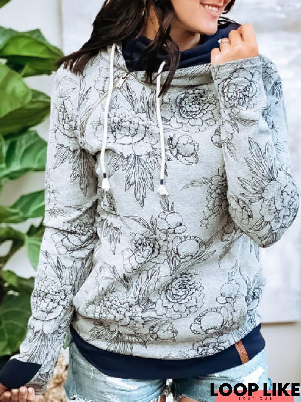 Gray Floral-Print Hoodie Long Sleeve Sweatshirt