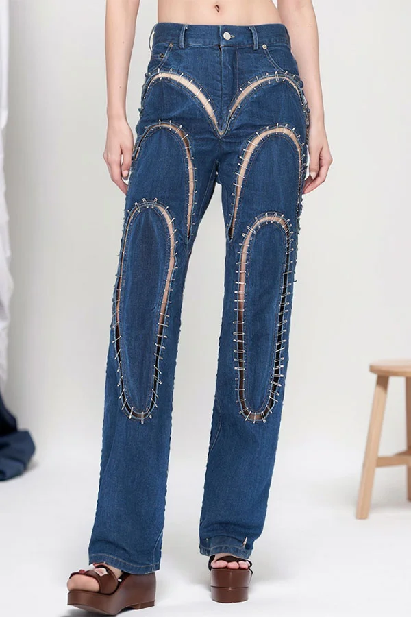 Pin Decor Patchwork Cutout Kitsch Straight Jeans