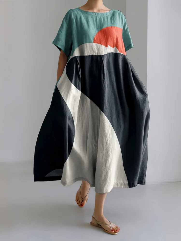 Abstract Creative Cute Lazy Cat Painting Art Linen Blend Dress