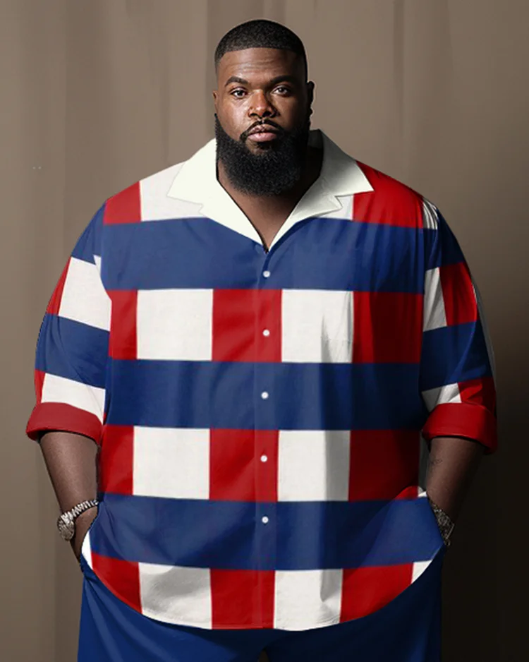 Men's Casual Plus Size Gentleman Striped Blue Red White Lapel Piece Shirt Set
