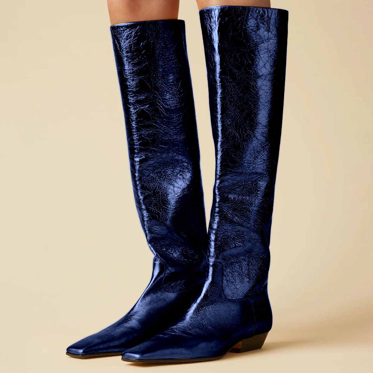 Royal Blue Pull-On Square Toe Low Heel Knee-High Boots for Women Nicepairs