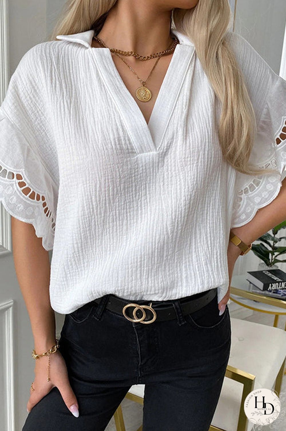 Keyhole Scalloped Edges V Neck Blouse