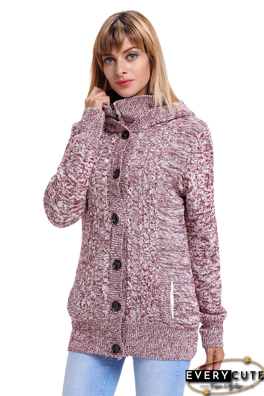 Red Long Sleeve Button-up Hooded Cardigans