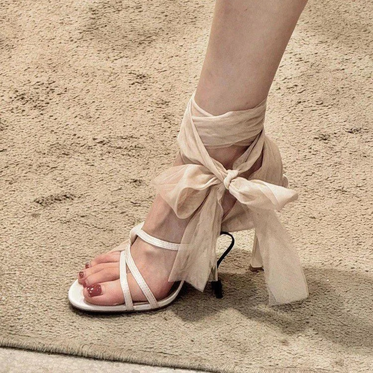 Yyvonne Tulle Cross-Lace High Heel Women 2025 New Round-Headed Toe-With Roman Sandals