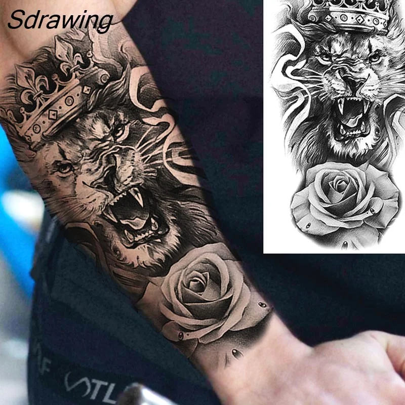 Sdrawing Crown Cross Temporary Tattoos For Men Women Realistic Scary Tiger Forest Vampire Fake Tattoo Sticker Forearm Body Tatoos 3D