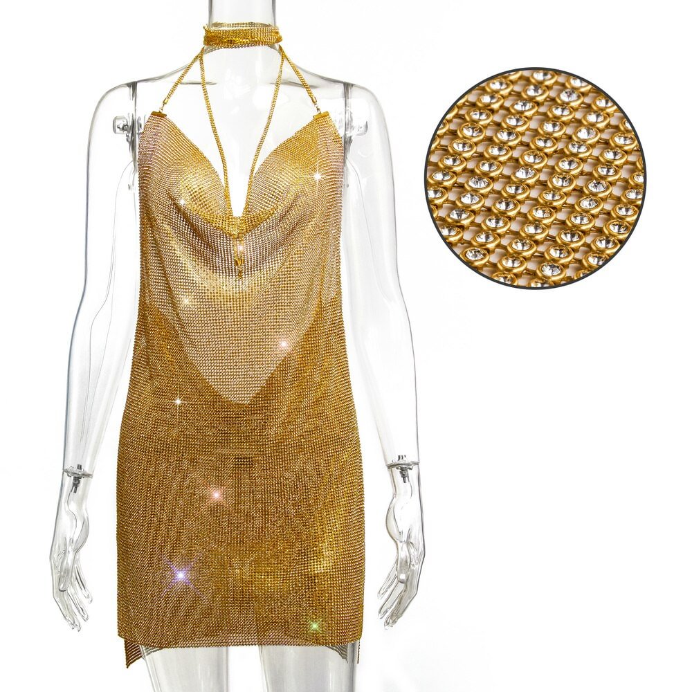 QJONG See through Rhinestone Metal chain Glitter Summer Dress Women Backless slip Sequins Mini Luxury club Party Dresses Vestidos