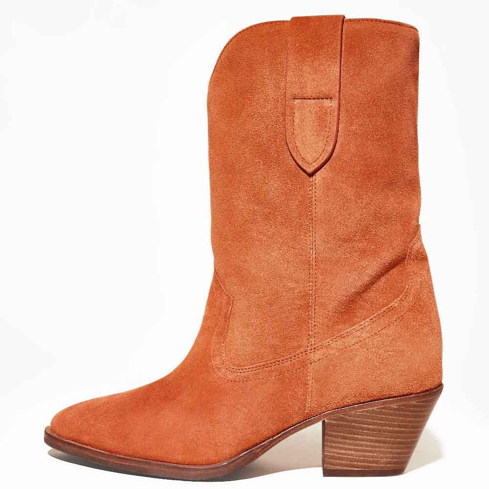 Brown Vegan Suede Pointed Toe Block Heel Mid Calf Cowgirl Boots