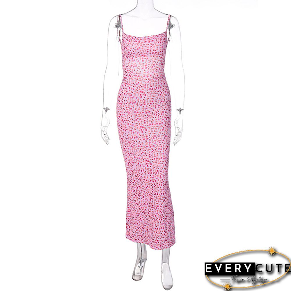 Pink Backless Spaghetti Straps Floral Dress