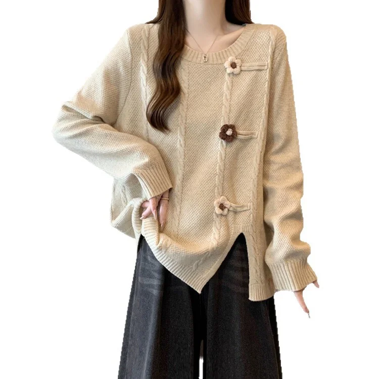 Athvotar Athvotar Women's Sweater 2025 Autumn And Winter New Gentle Milk Jacket Sweet Round Collar Flowers Three-Dimensional Decorative Knitwear