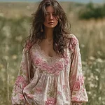 Bohemian Style Pink Floral Design V-neck Long-sleeve Top - Image 2